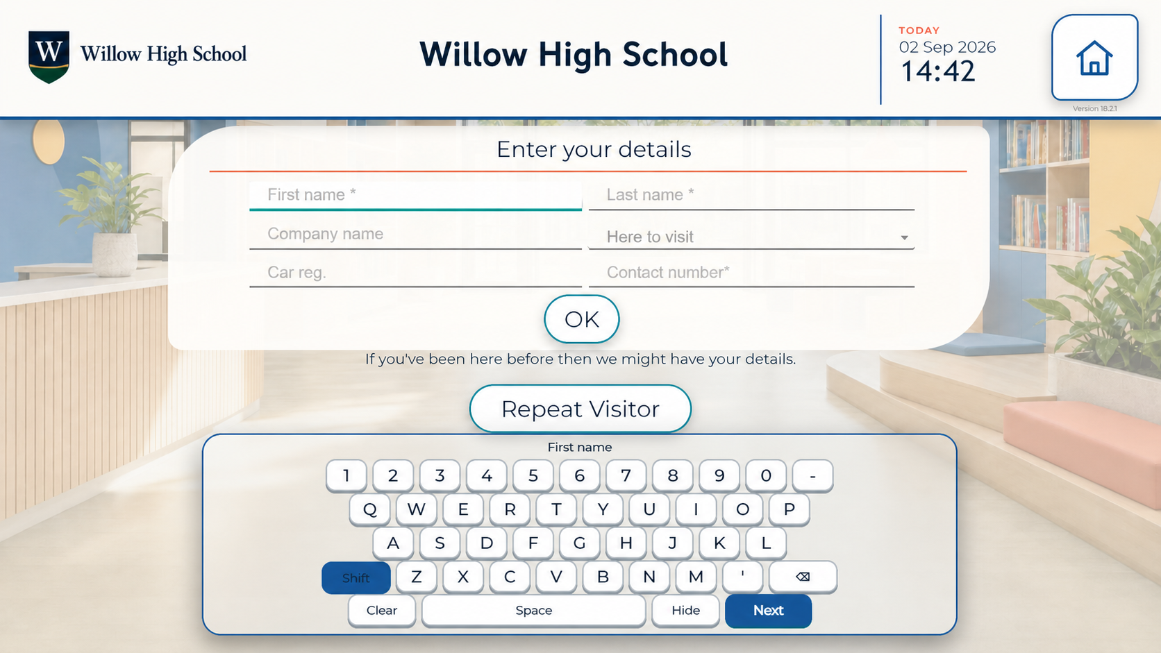 Willow High School branded Little Black Book visitor details screen with a complete touch keyboard