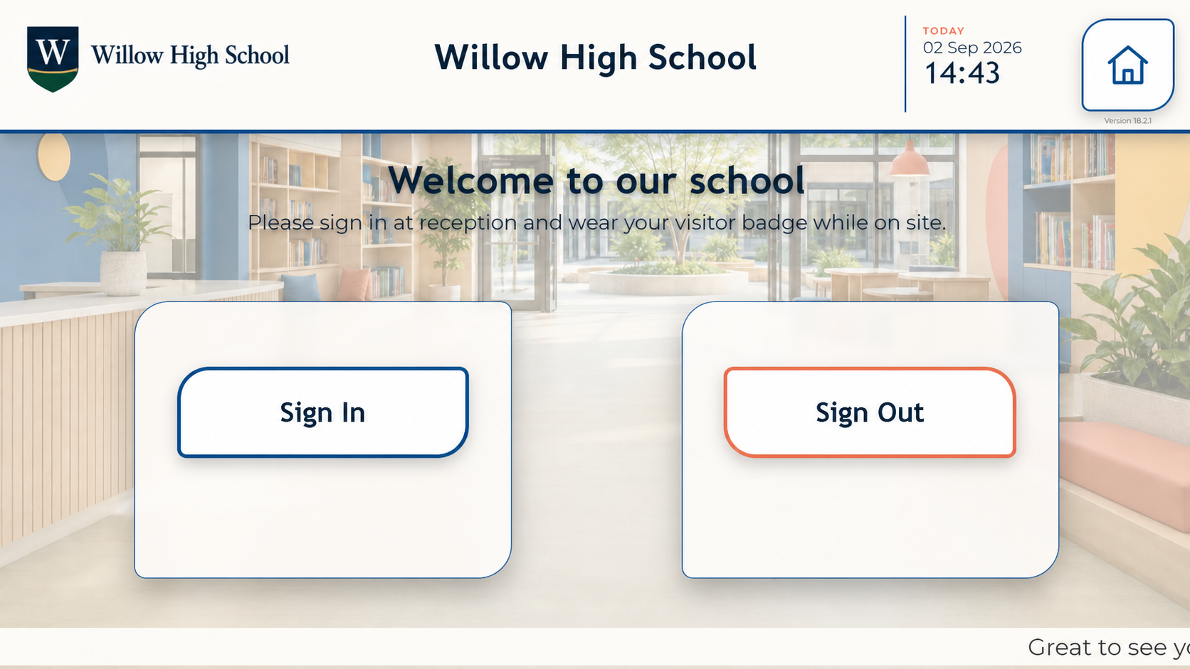 Willow High School branded Little Black Book visitor screen with Sign In and Sign Out options